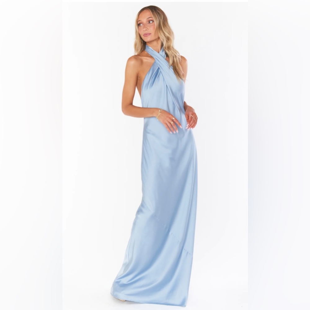 Show Me Your MUMU Jasmine Halter Maxi Dress in Steele Blue Luxe Satin